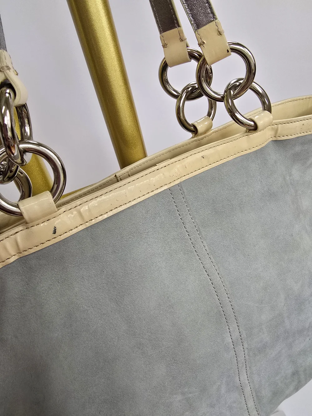 COACH Light Blue Suede Shoulder Purse with Cream Trim Hampton
